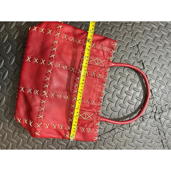 BERGE ITALY GENUINE LEATHER TOTE BAG RED w/ TAUPE STITCHING BOHO WOMENS PURSE - Picture 7 of 11